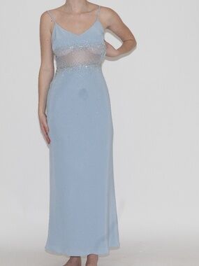 Vintage 90s beaded prom dress blue mesh cutout size 4 cache nylon